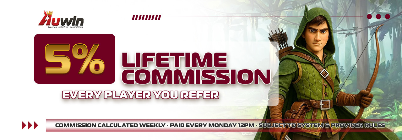Affiliate 5% lifetime commission program banner at AuWin Australia