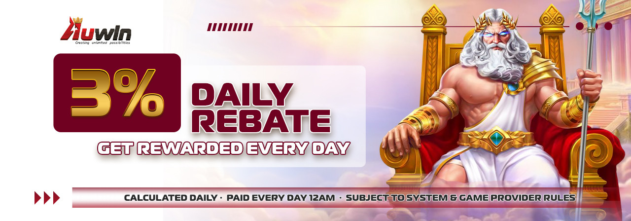 Daily rebate 3 percent promotion banner at AuWin Australia
